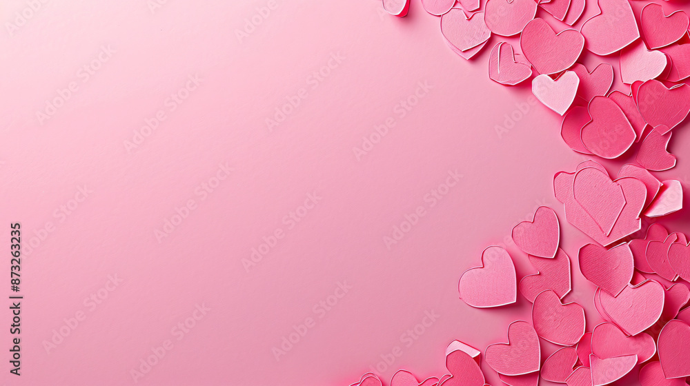 Valentine's Day composition featuring a delicate pink background and pink paper hearts, designed as a greeting card. Flat lay, top view, with ample copy space. Valentine's Day composition featuring a delicate pink background and pink paper hearts, designed as a greeting card. Flat lay, top view, with ample copy space.