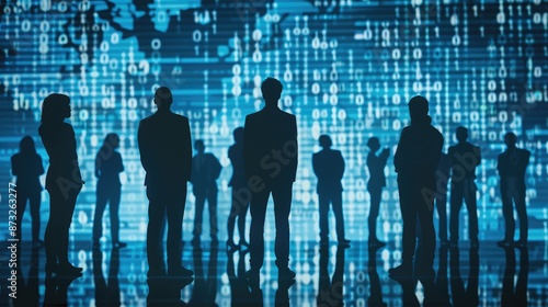 Silhouettes of a team of AI software engineers standing in front of screens displaying binary code and software information, symbolizing technology and innovation