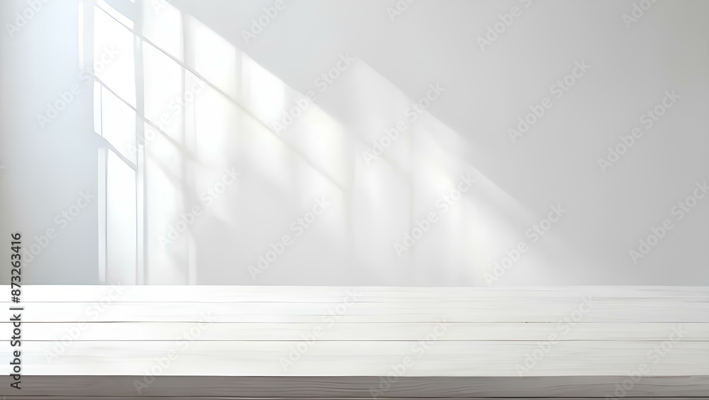 Empty Wooden table top with blurry background of shadow white wall. Generative ai Empty Wooden table top with blurry background of shadow white wall. Generative ai