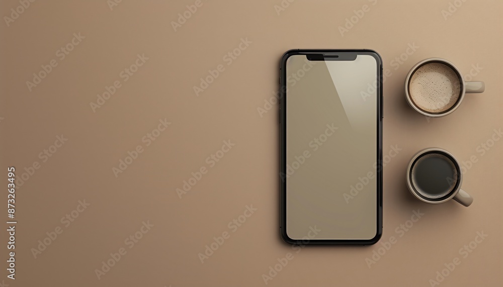 Black smartphone next to coffee cup on beige. Black smartphone next to coffee cup on beige.