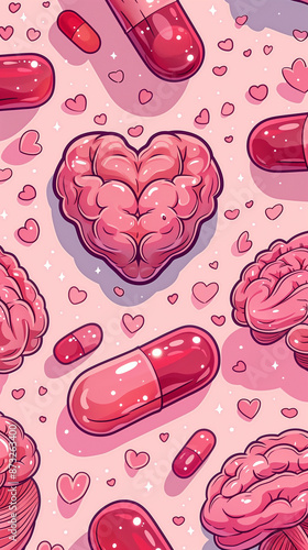 Pink hearts and brains interspersed with capsules in a stylized setting. photo