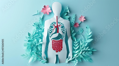 Wallpaper Mural Detailed paper art representation of a human figure with visible internal organs set against a background of floral and foliage patterns, emphasizing the harmony between the human body and nature. Torontodigital.ca