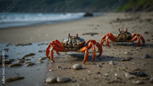 Vibrant Crab Amidst the Wonders of the Shoreline and the Sounds of Surf