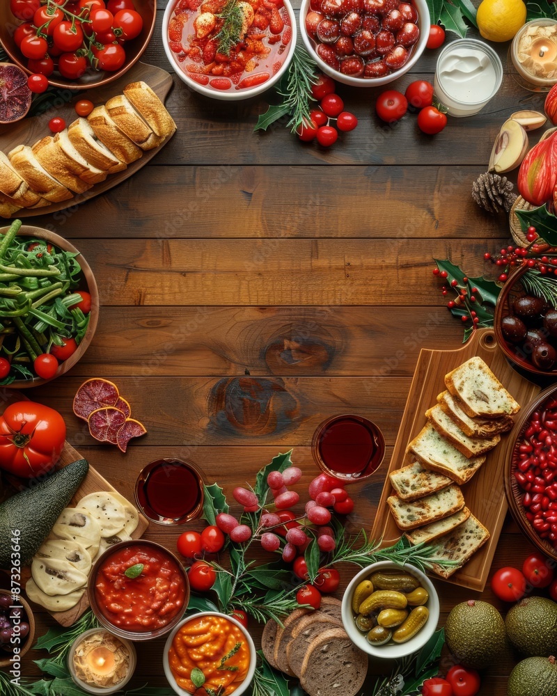 A festive table spread with various foods, drinks and decorations, creating a border around the center of the wooden table. A festive table spread with various foods, drinks and decorations, creating a border around the center of the wooden table.