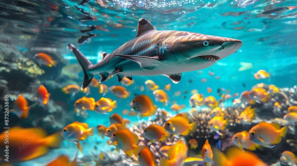 Vibrant underwater scene with colorful tropical fish and a majestic shark, perfect for marine life enthusiasts. , Minimalism, Vibrant underwater scene with colorful tropical fish and a majestic shark, perfect for marine life enthusiasts. , Minimalism,