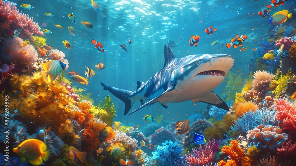 Fototapeta premium Vibrant underwater scene with colorful tropical fish and a majestic shark, perfect for marine life enthusiasts. , Minimalism,