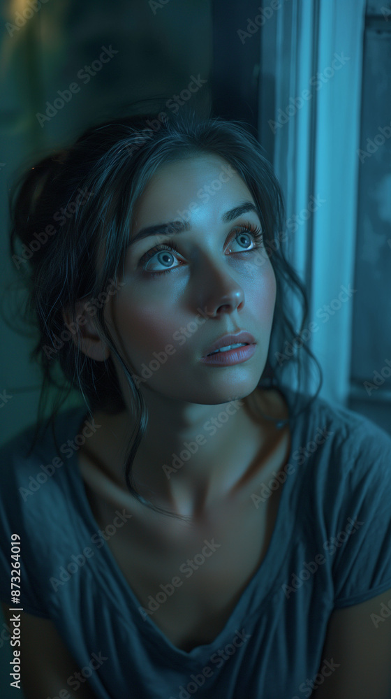 Woman looking out window in a reflective, blue-lit scene. Woman looking out window in a reflective, blue-lit scene.