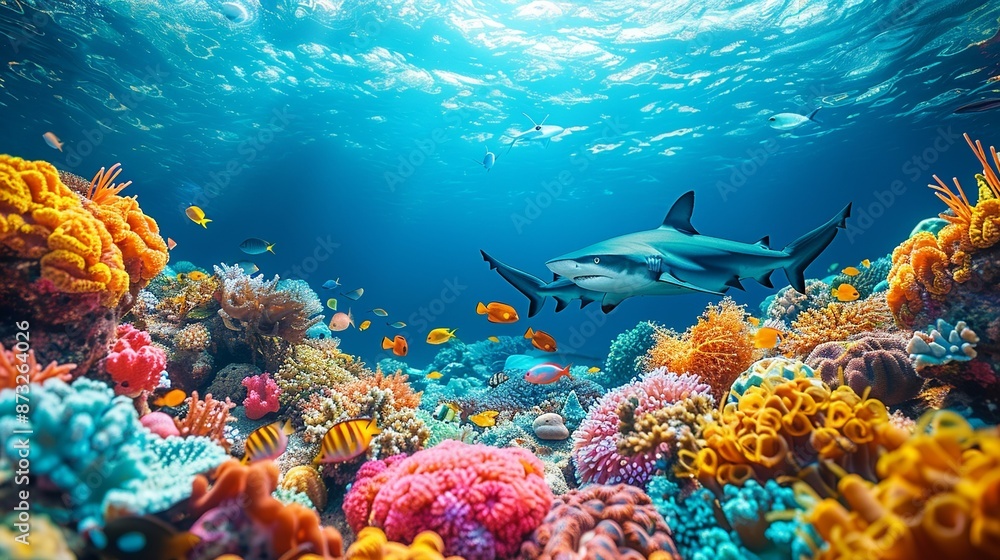 Fototapeta premium Vibrant underwater scene with colorful tropical fish and a majestic shark, perfect for marine life enthusiasts. , Minimalism,