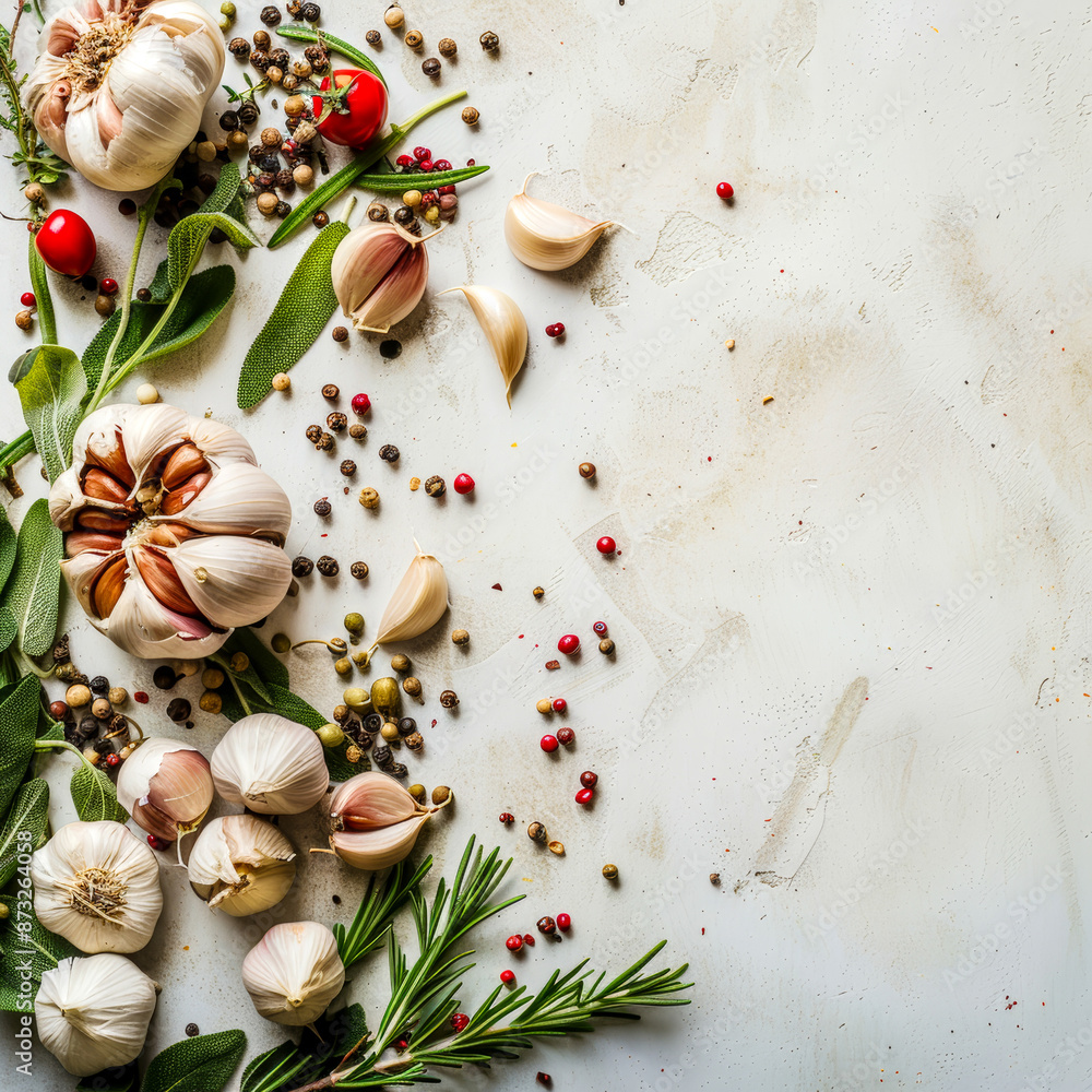 Fresh Herbs and Garlic with Mixed Peppercorns on Textured Background Vibrant Culinary Ingredients Fresh Herbs and Garlic with Mixed Peppercorns on Textured Background Vibrant Culinary Ingredients