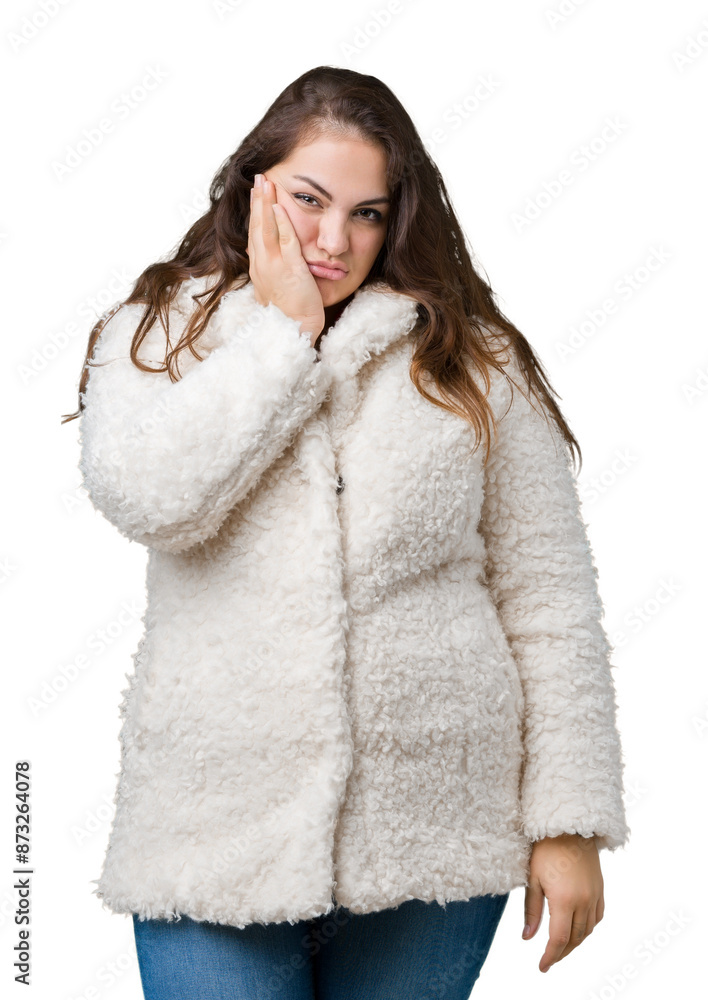 Beautiful plus size young woman wearing winter sheep coat over isolated background thinking looking tired and bored with depression problems with crossed arms. Beautiful plus size young woman wearing winter sheep coat over isolated background thinking looking tired and bored with depression problems with crossed arms.