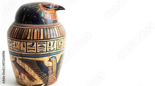 Ancient Egyptian canopic jar with hieroglyphs and falcon head isolated on white background. photo