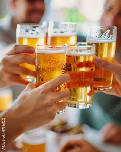 Friends raise their beer glasses in a toast, celebrating together.