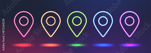 Set of bright neon marker location of different direction. Glowing linear map pins. Vector icon Illustration