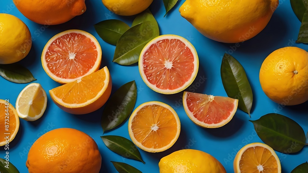 Summer theme background wallpaper, cuts of fresh oranges, lemons and grapefruits, citrus summertime holidays Summer theme background wallpaper, cuts of fresh oranges, lemons and grapefruits, citrus summertime holidays