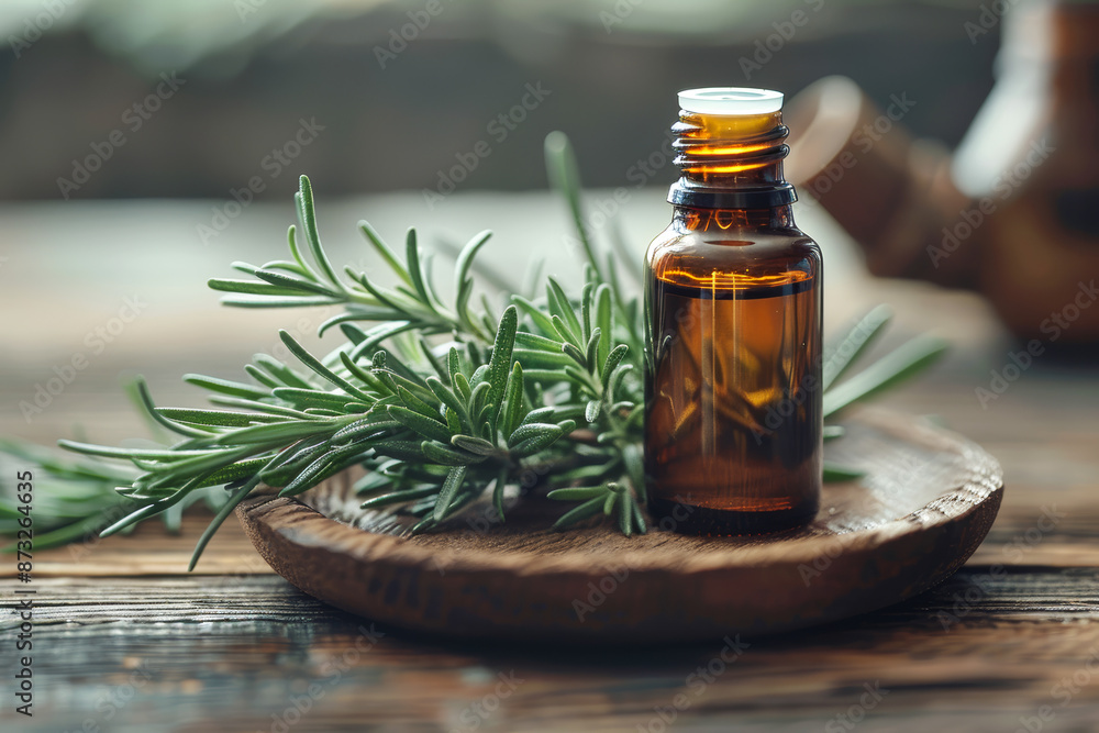 Aromatherapy Essential Oil Bottle with Fresh Rosemary on Wooden Plate Aromatherapy Essential Oil Bottle with Fresh Rosemary on Wooden Plate