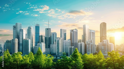 Stunning cityscape of modern skyscrapers under a bright sky, with a lush green foreground, symbolizing the harmony between urban development and nature.