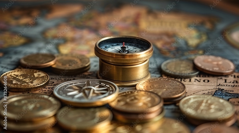 Conceptual Photograph of a Compass with Coins on a Map Conceptual Photograph of a Compass with Coins on a Map