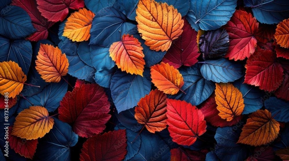 Vibrant autumn leaves in shades of blue and red create a stunning natural background, perfect for seasonal and nature-themed projects. Vibrant autumn leaves in shades of blue and red create a stunning natural background, perfect for seasonal and nature-themed projects.