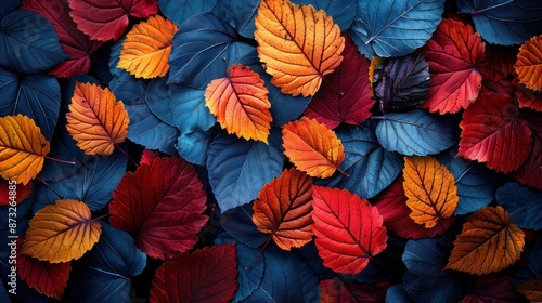 Vibrant autumn leaves in shades of blue and red create a stunning natural background, perfect for seasonal and nature-themed projects.