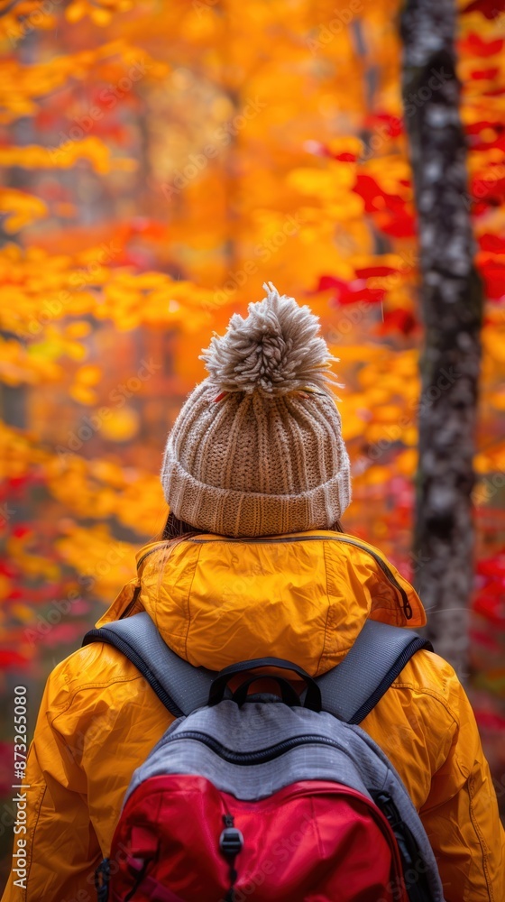 A person in a yellow jacket and beanie with a backpack enjoys an autumn forest filled with vibrant fall foliage. A person in a yellow jacket and beanie with a backpack enjoys an autumn forest filled with vibrant fall foliage.
