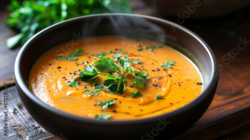 A bowl of creamy carrot soup garnished with fresh herbs, presented on a rustic wooden table