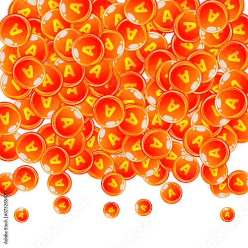 Vitamin A round capsules scattered randomly.