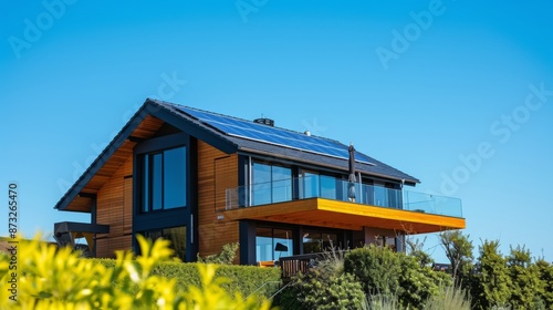 Wallpaper Mural A modern house equipped with solar panels on its roof, set against a backdrop of a clear blue sky Torontodigital.ca