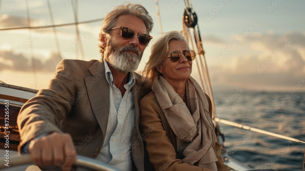 Elderly couple enjoying a peaceful sunset sail on a boat, embracing the serene ocean breeze and beautiful horizon. Elderly couple enjoying a peaceful sunset sail on a boat, embracing the serene ocean breeze and beautiful horizon.
