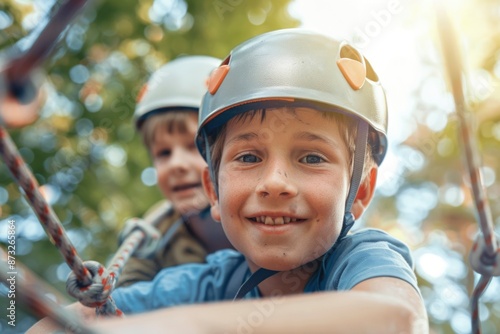 Smiling boy and friend on ropes course in forest canopy