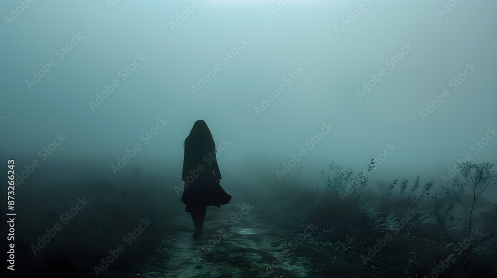 Mujer solitaria en un camino con niebla como símbolo de soledad y tristeza, Mujer solitaria en un camino con niebla como símbolo de soledad y tristeza,
