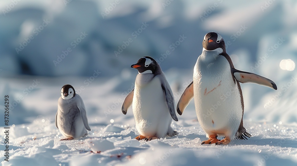 Obraz premium Cute penguin family waddling on an icy landscape, appealing to winter-themed projects. , Minimalism,