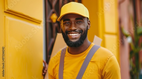 A smiling delivery worker in a yellow uniform and cap leans against a wall, showcasing a friendly and professional demeanor.