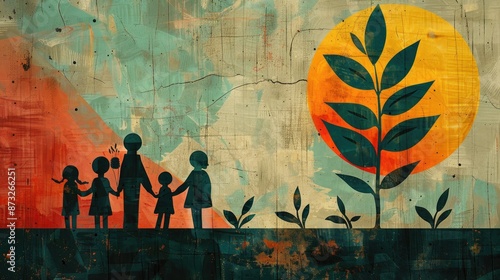 Painting of a family holding hands and a tree with a sun in the background. The mood of the painting is warm and inviting, with a sense of togetherness and love