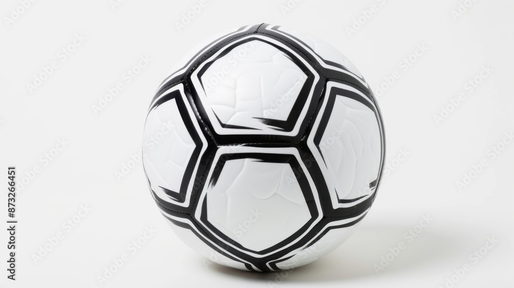 Naklejka premium A clean and classic white soccer ball with black pentagonal patterns, isolated against a white background