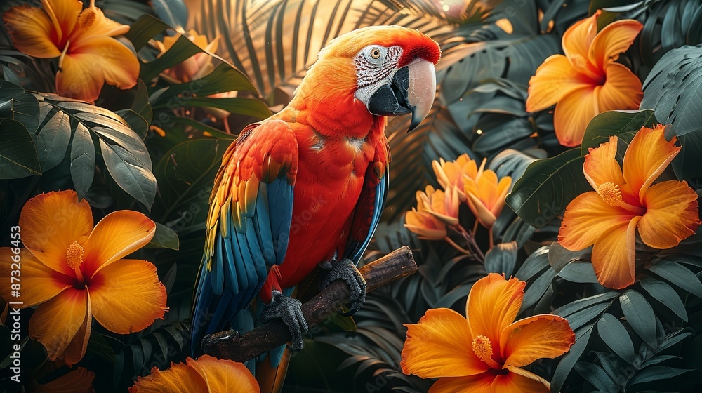 Fototapeta premium Illustration of a colorful parrot amidst tropical flowers, capturing the exotic beauty of nature. , Minimalism,