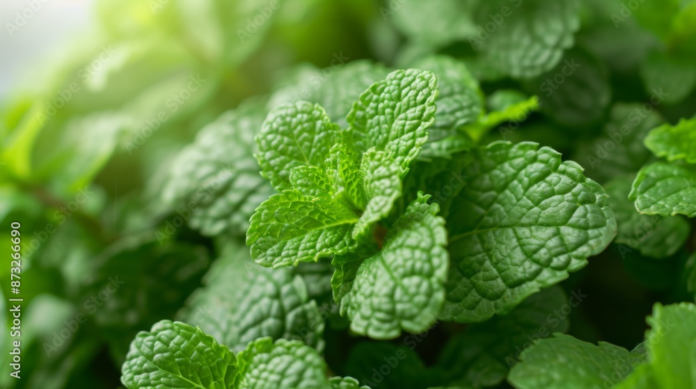 Fresh mint leaves, their vibrant green color and intricate details beautifully highlighted against a white background Fresh mint leaves, their vibrant green color and intricate details beautifully highlighted against a white background