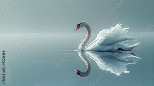 Fototapeta Naklejka Na Ścianę i Meble -  Gentle illustration of a graceful swan gliding on a tranquil lake, suitable for relaxation themes. , Minimalism,