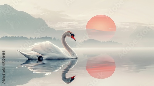 Fototapeta Naklejka Na Ścianę i Meble -  Gentle illustration of a graceful swan gliding on a tranquil lake, suitable for relaxation themes. , Minimalism,