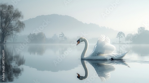 Fototapeta Naklejka Na Ścianę i Meble -  Gentle illustration of a graceful swan gliding on a tranquil lake, suitable for relaxation themes. , Minimalism,
