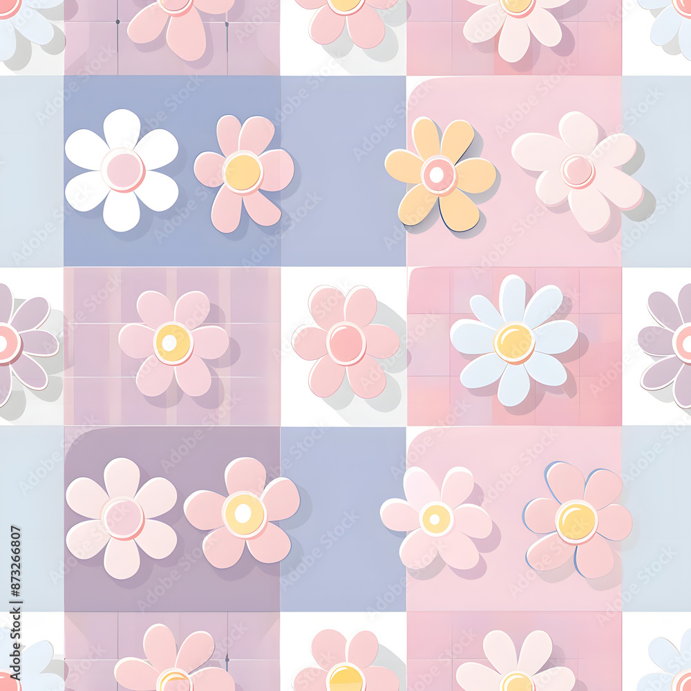 Cute background with pastel colored flowers and squares seamless pattern.