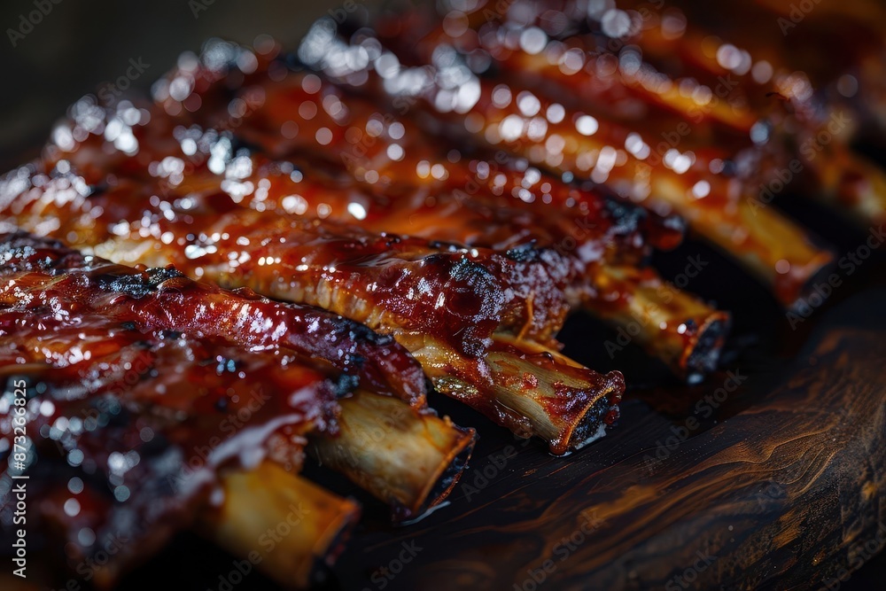 mouthwatering bbq ribs with caramelized glaze rich smoky texture against dark background macro food photography highlighting juicy details and grill marks mouthwatering bbq ribs with caramelized glaze rich smoky texture against dark background macro food photography highlighting juicy details and grill marks