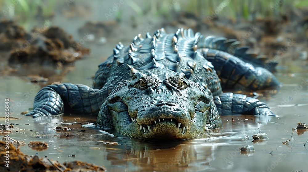 Detailed depiction of a fierce crocodile lurking in murky waters, ideal for adventure illustrations. , Minimalism, Detailed depiction of a fierce crocodile lurking in murky waters, ideal for adventure illustrations. , Minimalism,