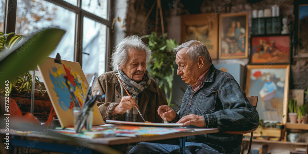 Elderly Couple Enjoying Art Session Together in Cozy Studio Setting Elderly Couple Enjoying Art Session Together in Cozy Studio Setting