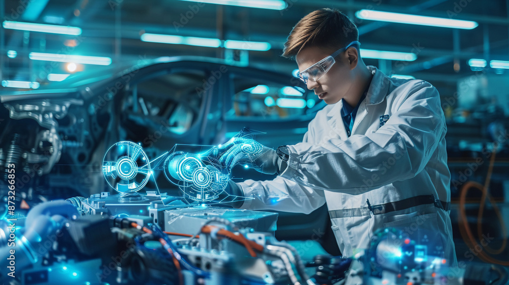 The engineer is testing the performance of engine components. The engineer is testing the performance of engine components.