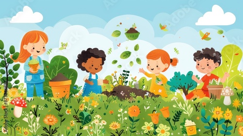 Wallpaper Mural Painting of children group are playing in a field with a garden. They are planting flowers and trees Torontodigital.ca