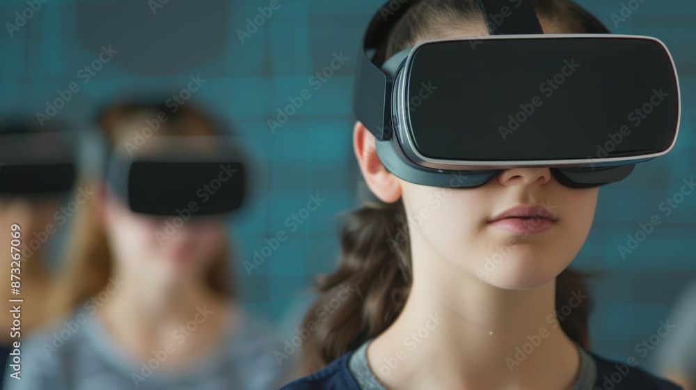 Virtual reality language learning session, students immersed in VR worlds, dynamic and interactive teaching methods, copy space for text, focus cover all object, deep dept of field Virtual reality language learning session, students immersed in VR worlds, dynamic and interactive teaching methods, copy space for text, focus cover all object, deep dept of field