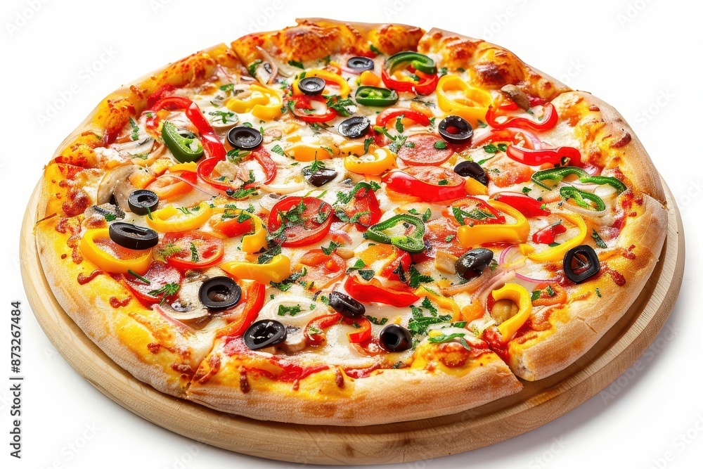mouthwatering vegetarian pizza with colorful toppings isolated food photography mouthwatering vegetarian pizza with colorful toppings isolated food photography