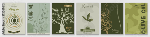Set - template brochure cover poster or leaflet of Vegetable Olive Oil. Modern trendy graphic design with olives leaves tree and olive twigs. Editable vector