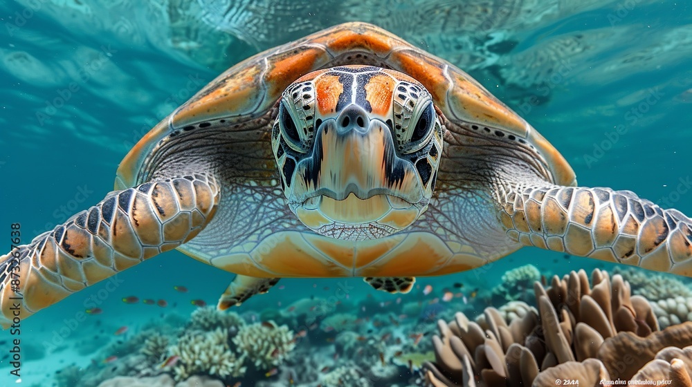 Fototapeta premium Detailed drawing of a wise old turtle swimming gracefully in a coral reef, perfect for marine conservation. , Minimalism,