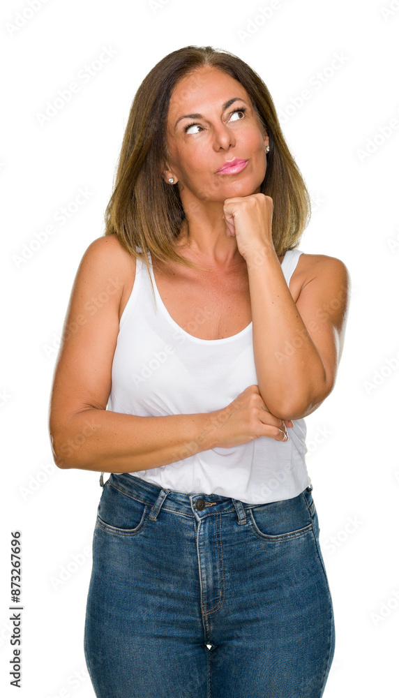 Obraz premium Beautiful middle age casual adult woman over isolated background with hand on chin thinking about question, pensive expression. Smiling with thoughtful face. Doubt concept.